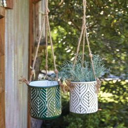 Set of Two Green and White Hanging Metal Planters
