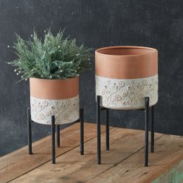 Set of Two Floral Embossed Plant Stands