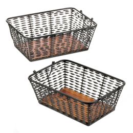Set of 2 Iron Baskets with Wood Base