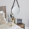 Round Hanging Wall Mirror with Faux Leather Strap - White