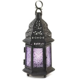 Glass Moroccan Candle Lantern (Color: Lavender, Size: 11 inches)