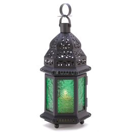 Glass Moroccan Candle Lantern - 10 inches (Color: Emerald)