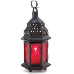 Glass Moroccan Candle Lantern - 10 inches (Color: Ruby)