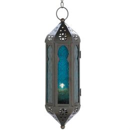 Glass Moroccan Hanging Candle Lantern (Color: Blue)