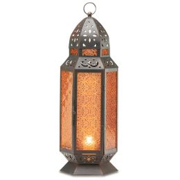 Glass Moroccan Candle Lantern (Color: Amber, Size: 19 inches)