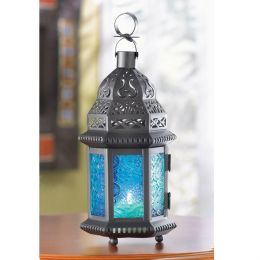 Glass Moroccan Candle Lantern - 10 inches (Color: Azure)
