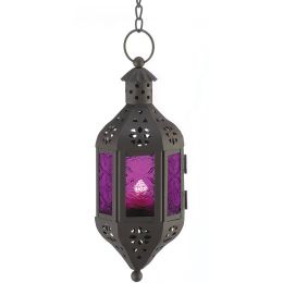 Glass Moroccan Hanging Candle Lantern (Color: Purple)
