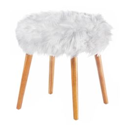Faux Fur Stool with Wood Legs (Color: White)