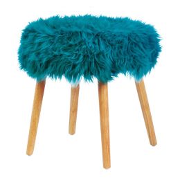 Faux Fur Stool with Wood Legs (Color: Turquoise)