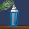 Blue Wood Candle Lantern with Stainless Steel Top
