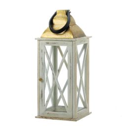 Distressed White Wood Candle Lantern with Gold Top (Size: 24.5 inches)