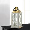 Distressed White Wood Candle Lantern with Gold Top