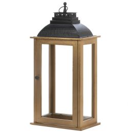 Rectangular Wood Candle Lantern with Black Metal Top (Size: 25 inches)