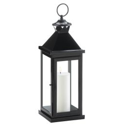 Glossy Black Metal Candle Lantern (Size: 17.5 inches)