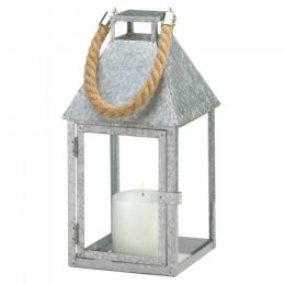 Galvanized Metal Candle Lantern with Rope Handle (Size: 12 inches)