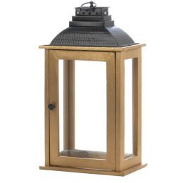 Rectangular Wood Candle Lantern with Black Metal Top (Size: 19 inches)