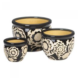 Ceramic Planter Set (Color: Black Floral)