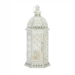 Lacy Cutout  Candle Lantern (Color: Distressed White, Size: 15.5 inches)