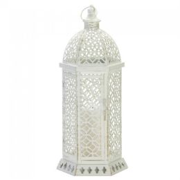 Lacy Cutout  Candle Lantern (Color: Distressed White, Size: 20 inches)