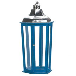 Blue Wood Candle Lantern with Stainless Steel Top (Size: 24 inches)