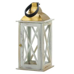 Distressed White Wood Candle Lantern with Gold Top (Size: 19 inches)