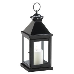 Glossy Black Metal Candle Lantern (Size: 14.25 inches)