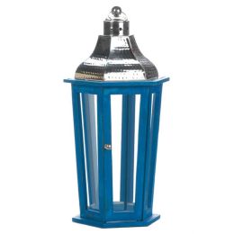 Blue Wood Candle Lantern with Stainless Steel Top (Size: 20 inches)